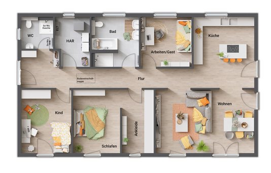 In Grundrissvariante 3 liegen der Eingang an der kurzen Hausseite, eine großzügige Garderobe, ein offener Wohnbereich am Ende des Hauses sowie ein Schlafzimmer mit Ankleide und ein markanter Flur im 'Catwalk'-Stil.